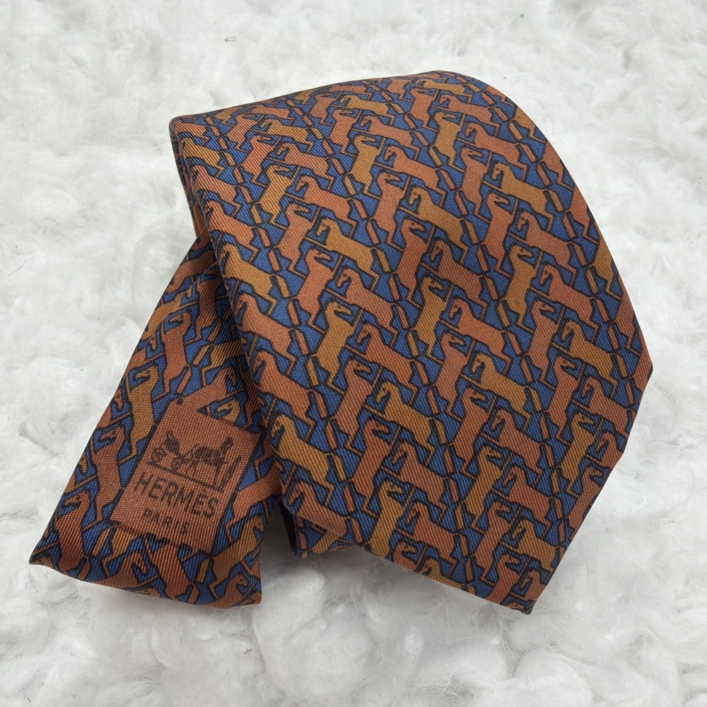 VTG HERMES Silk Tie Mens Monogram Horse Logo Slim Skinny Width Formal Wedding